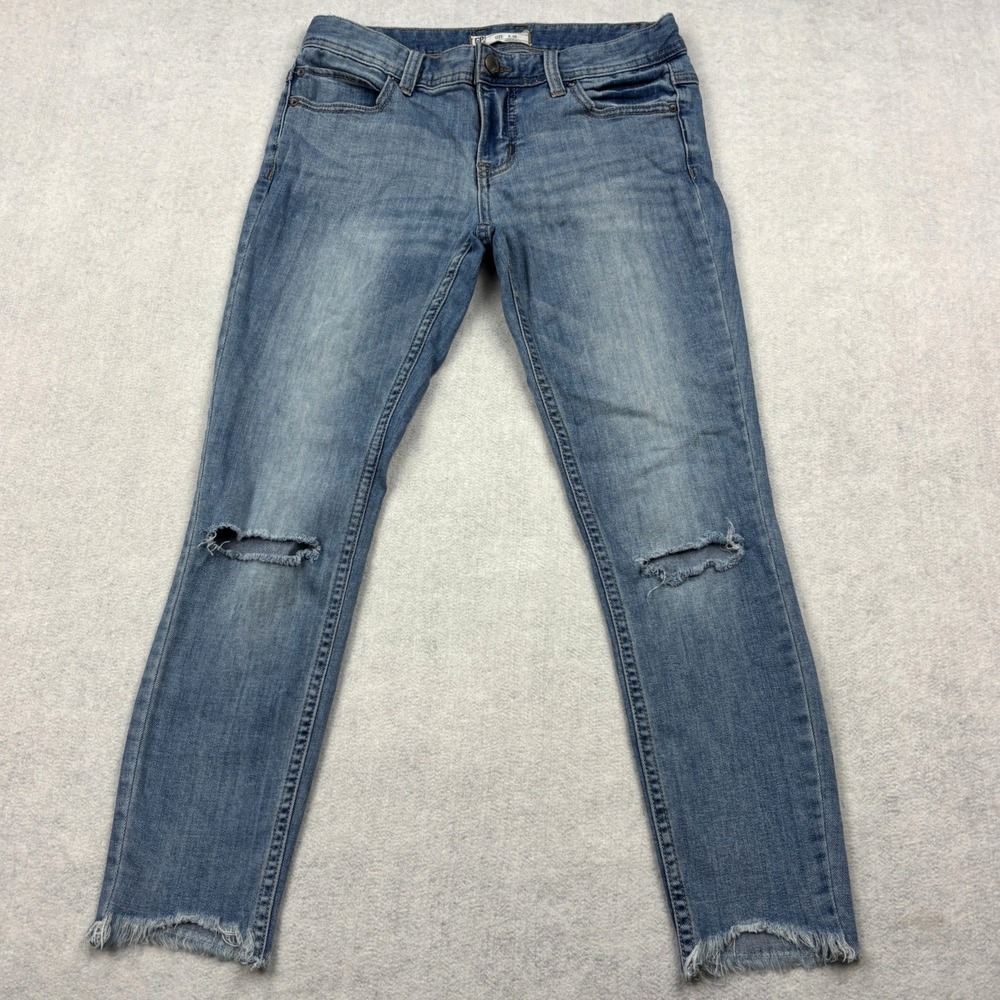 Free People Ripped Cropped Skinny Jeans Womens 26 Blue Distressed Knee Raw Hem